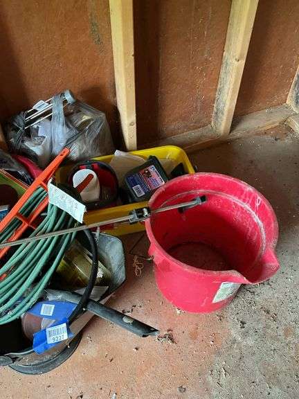 Coal bucket, plastic buckets, extension cord, bar clamp, paint roller, misc