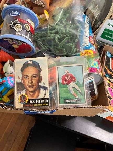 Vintage sports trading cards, Ford advertising bank, toy soldiers, misc toys