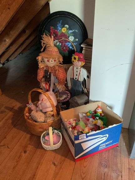 Easter decor, tole tray, clown ornaments, TV Guides, scarecrow figures, baskets, misc