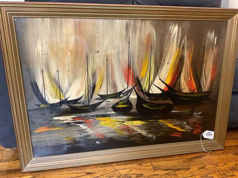 MCM mid-century sailboat painting 40 x 28, and seagulls wall plaque