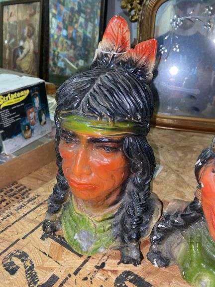 Native Americans in canoe figurine, two chalkware Native American heads - not all perfect