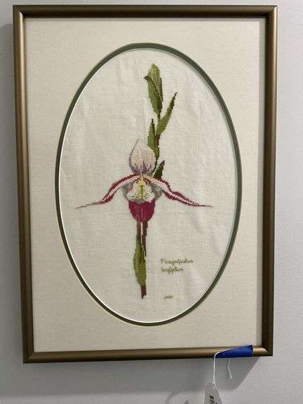 Botanical cross stitch embroidery, framed 14 X 19