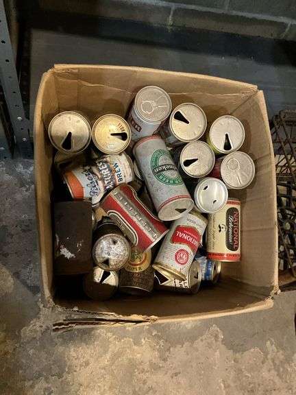 Vintage beer can collection, metal milk crate