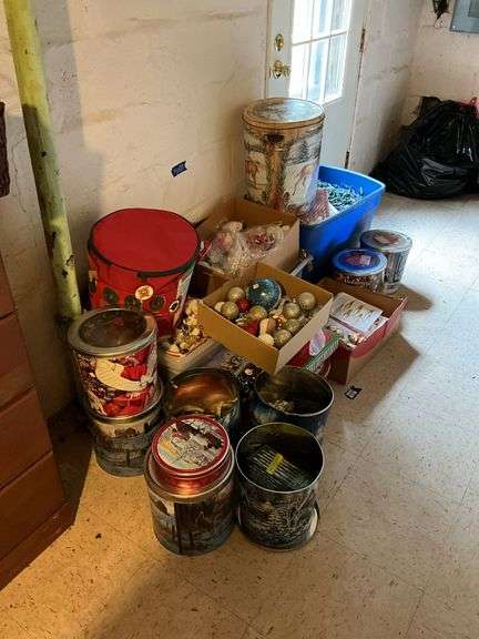 Christmas ornaments and decor, light strings, decorative tins