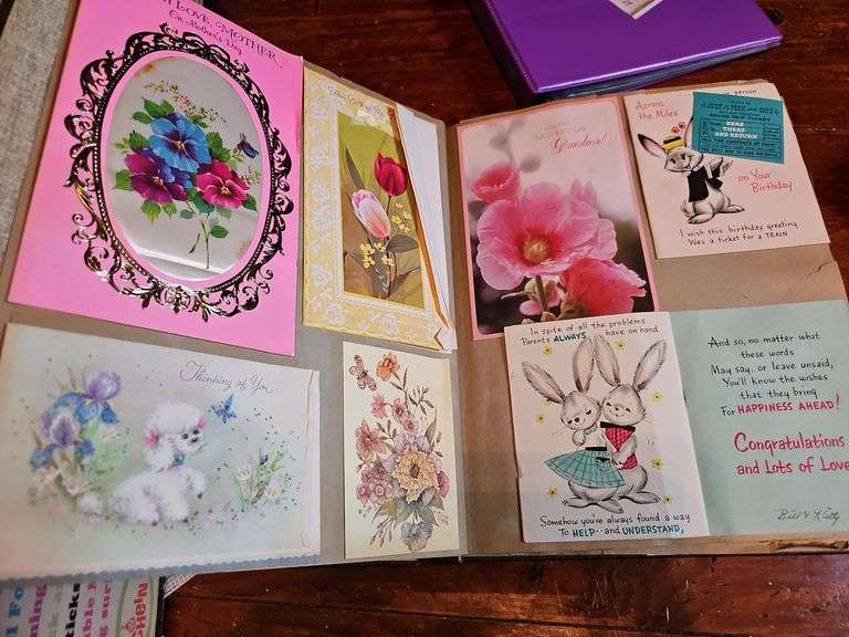 Scrapbook of vintage greeting cards, trade cards in album and box, Sierra Club Grand Canyon prints