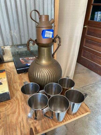Copper jug, handled brass vase, metal cups set