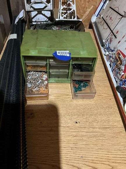 Train tower, bridge, track, parts drawer cabinet w/ contents