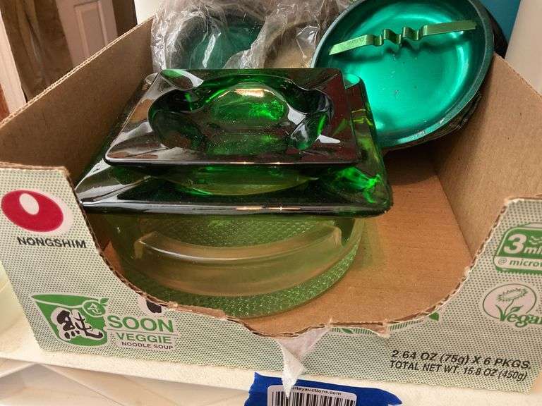 Vintage beanbag ashtrays in packages, green glass ashtrays