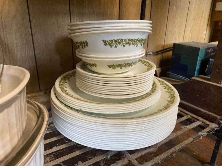 Vintage Pyrex bowls, Corning bakeware, and Corelle dinnerware