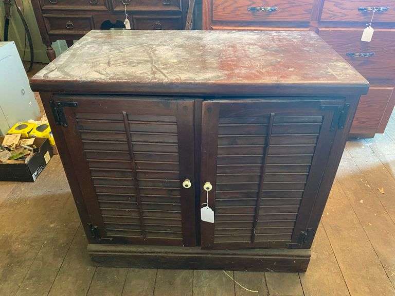 Dark pine louvered door cabinet 32x18.5x30