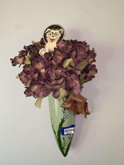 Celadon wall pocket w/ faux flowers