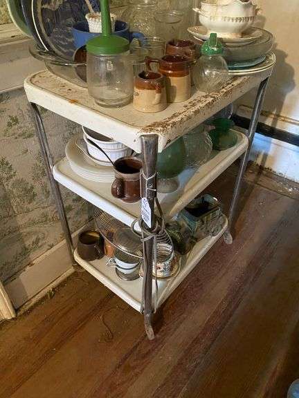 Vintage 3-tier utility cart and contents: vintage dishes and glassware, planters