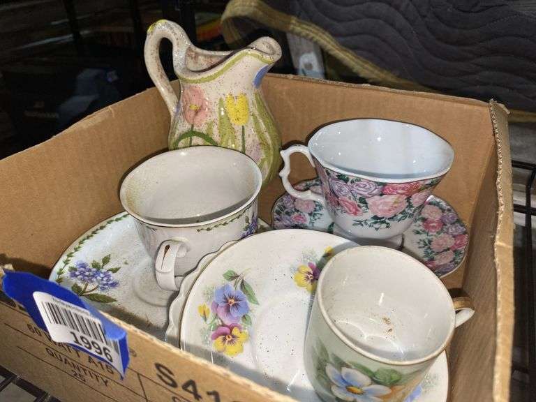 Floral decorated china cups & saucers, ceramic pitcher