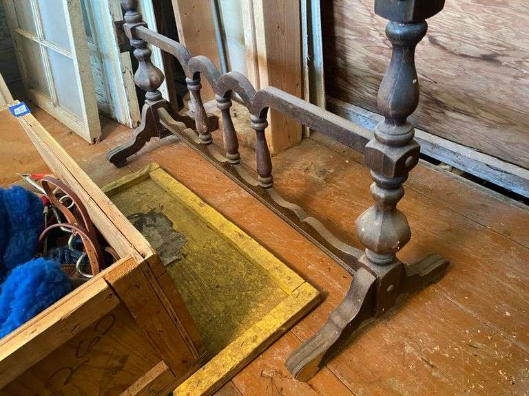 Double pedestal library table w/ carved top edge, spindled stretcher 48x17x30