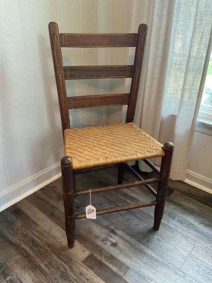 Ladderback chair w/ painted striping, woven seat