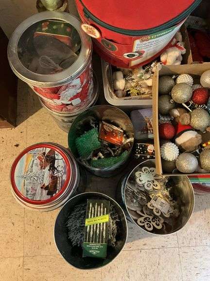 Christmas ornaments and decor, light strings, decorative tins