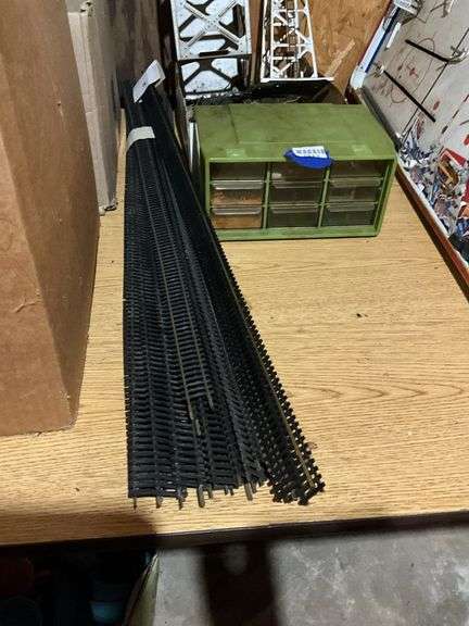 Train tower, bridge, track, parts drawer cabinet w/ contents