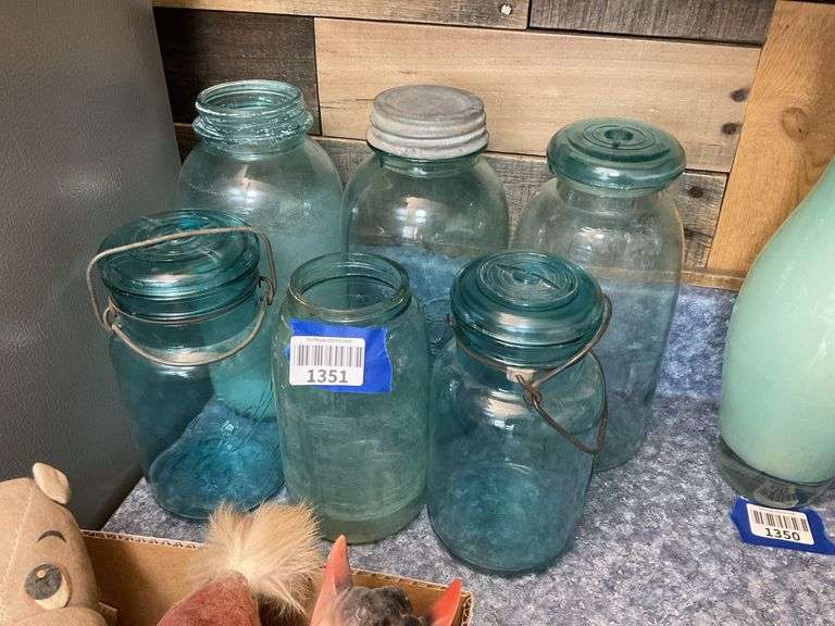 Blue glass canning jars, some w/ glass clamp tops