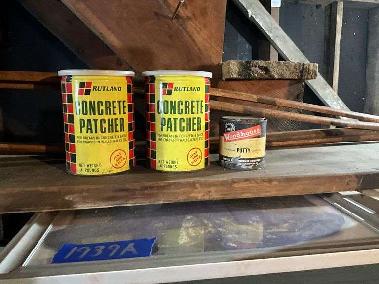 Concrete Patcher, wooden crutches, board, framed prints