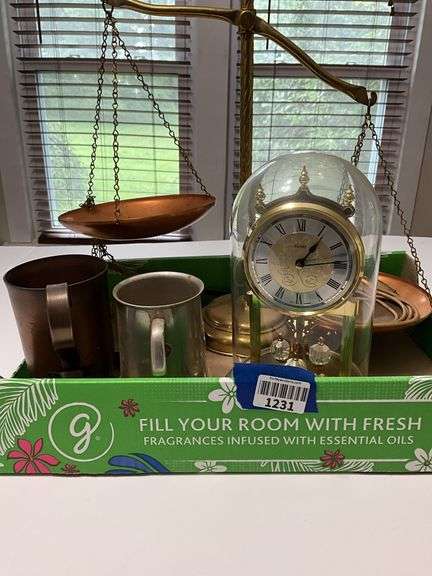 Metalware including: Kundo anniversary clock, balance scale, mugs