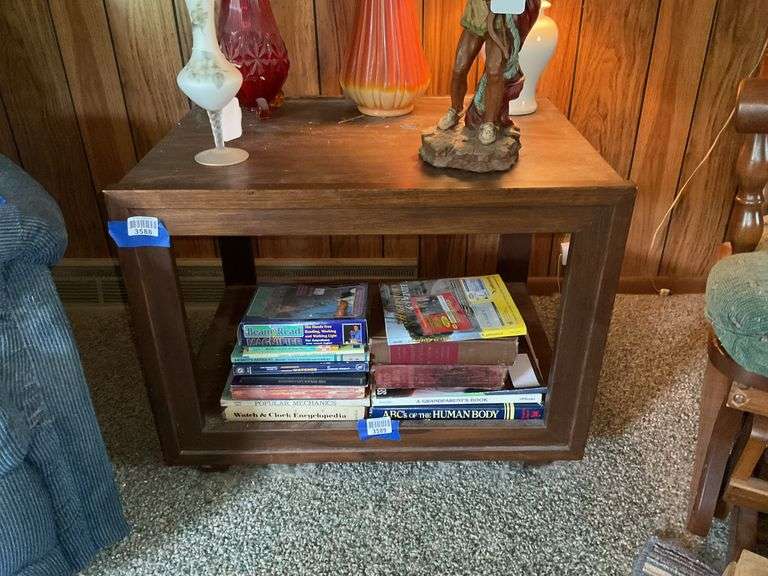 2-tier end stand - no contents 27x20x20, ***MUST COME DURING LAST 1.5 HOURS OF PICKUP TO RETRIEVE THIS ITEM.