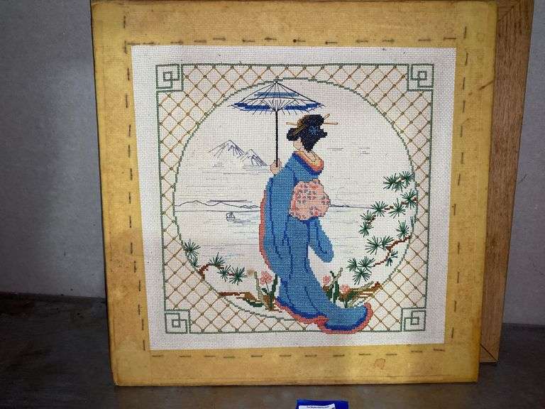 Asian theme decorated mirror and embroidery