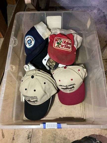 Baseball caps lot in tote