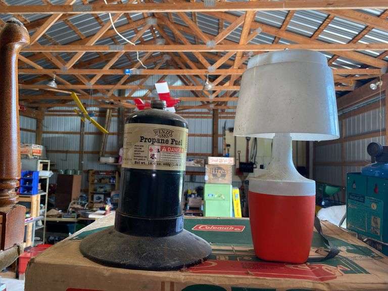 Coleman camping stove and catalytic heater, propane lantern, battery lamp, propane fuel