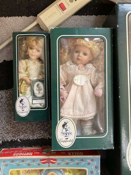 Vintage doll in box, collector dolls in boxes, dolls on see-saw