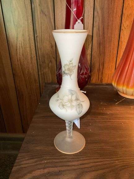 Blown satin glass vase w/ twist stem and floral decor 10”