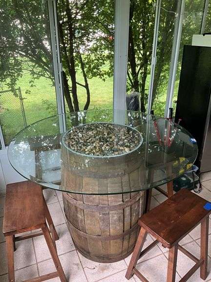 Barrel base round glass top table and four stools 48x48x36