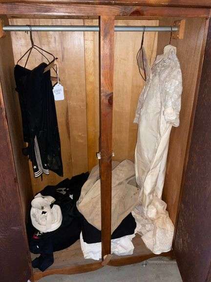 Interior contents of wardrobe: vintage Navy uniforms and wedding dress, *** PLEASE NOTE: This item has no stair access and must be picked up on July 15th between 11:00-1:30PM. Item will be removed from loft for pickup.