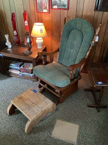 Glider rocker w/ cushions, wooden foot stool, floor mat