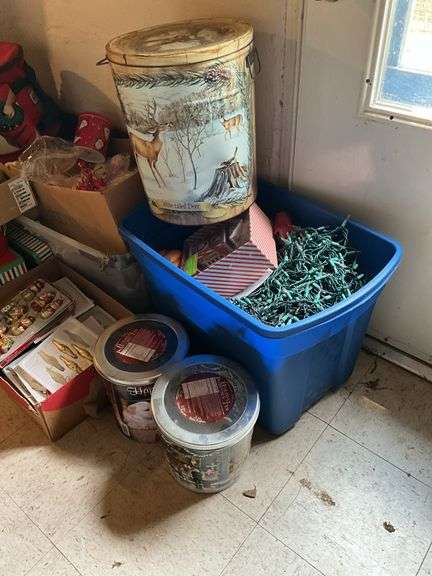 Christmas ornaments and decor, light strings, decorative tins