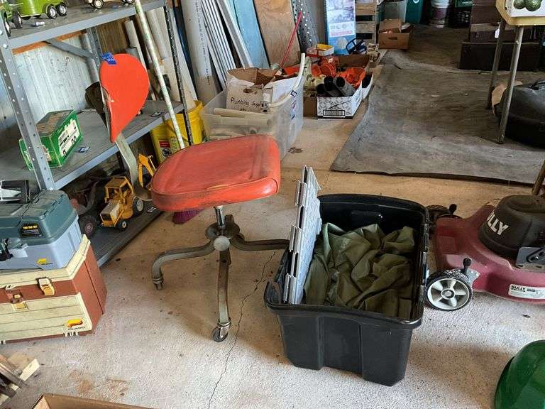 Vintage swivel desk chair, hard hat, flotation vests, tote