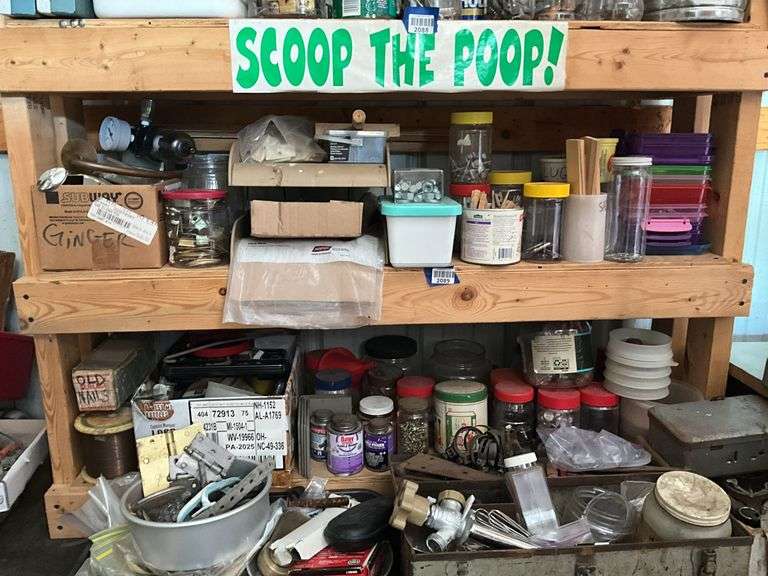 Contents of two shelves: hardware, misc