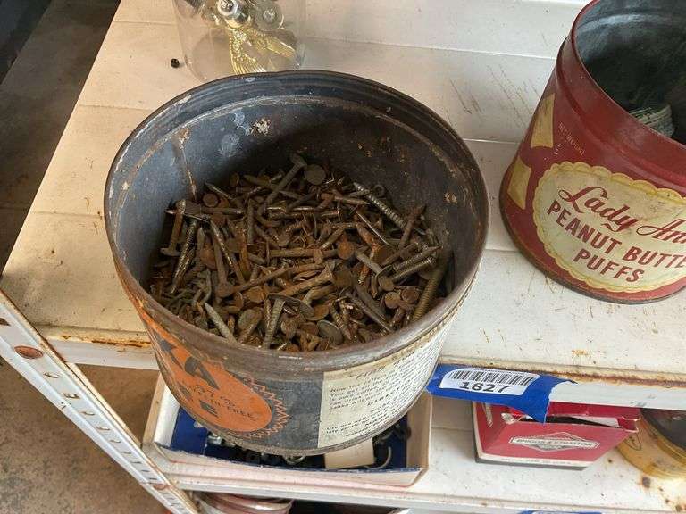 Advertising tins w/ hardware and Pepsi caps, misc