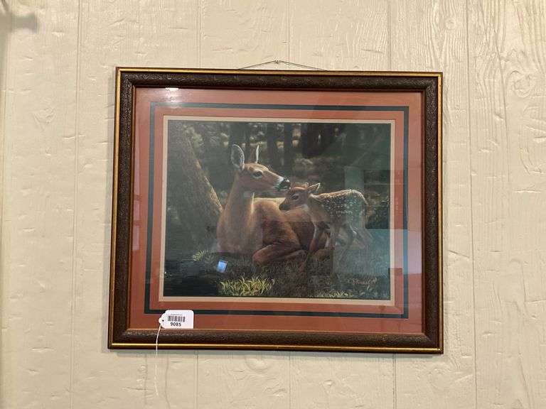 CS Forest print, doe and fawn, framed 23x27