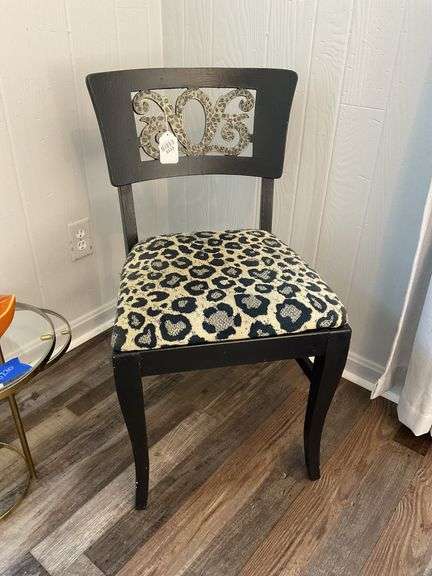 Side chair w/ leopard print upholstered seat and matching painted detail on pierced back panel