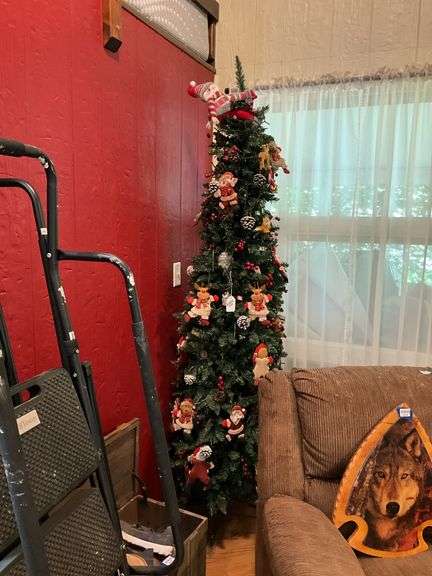 Slim faux Christmas tree w/ ornaments