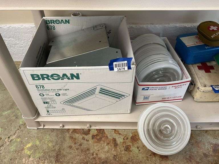 Ventilation fan/light fixture in box, and glass light shades