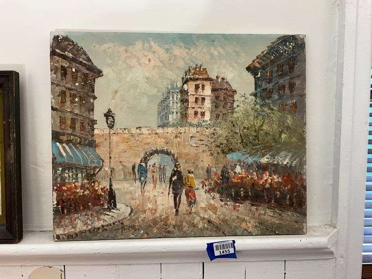 Paris street scene painting, indistinct signature