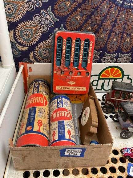 Litho tin adding machine, Tinkertoys, PA plaque, toy rocket, misc