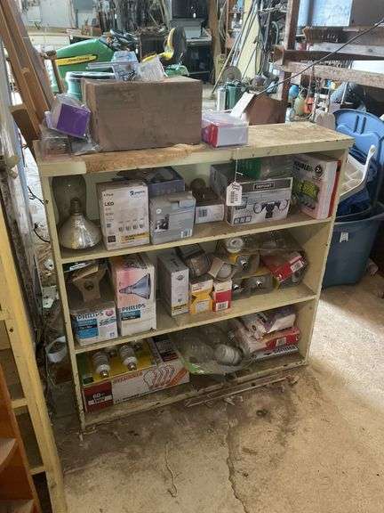Shelf unit and contents: lightbulbs