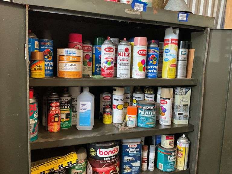 Interior contents of cabinet: paint, automotive and household products