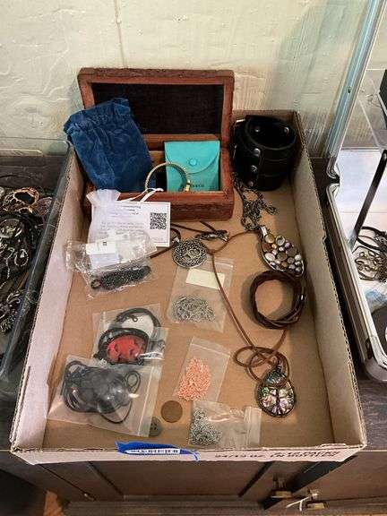 Wooden jewelry box, Timex watch, Tiffany & Co pouch, necklaces, pendants