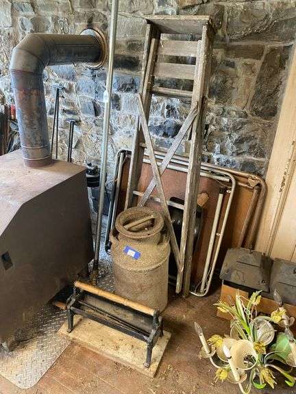 Paper log roller, milk can, 5' step ladder, folding card tables