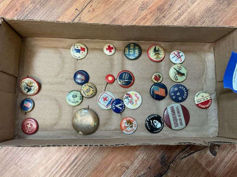 Early pinback buttons including: Presidential, War, Chambersburg Chatauqua