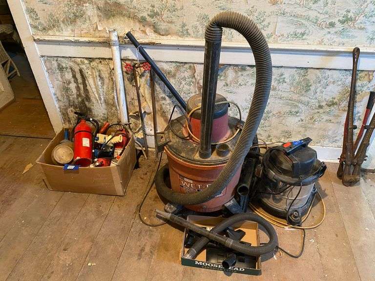 Two Craftsman shop vacs, fire extinguishers, package tape handle