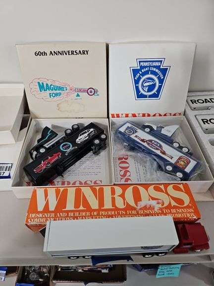 Three Winross model trucks in boxes: Maguire's Ford and PA Fish & Boat Commission